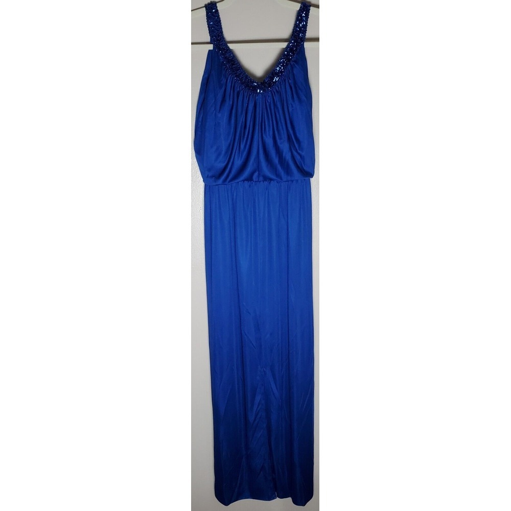 Vintage Jack Hartley Dress Blue Sequined Front Slit Long Slinky Hollywood‎ Glam